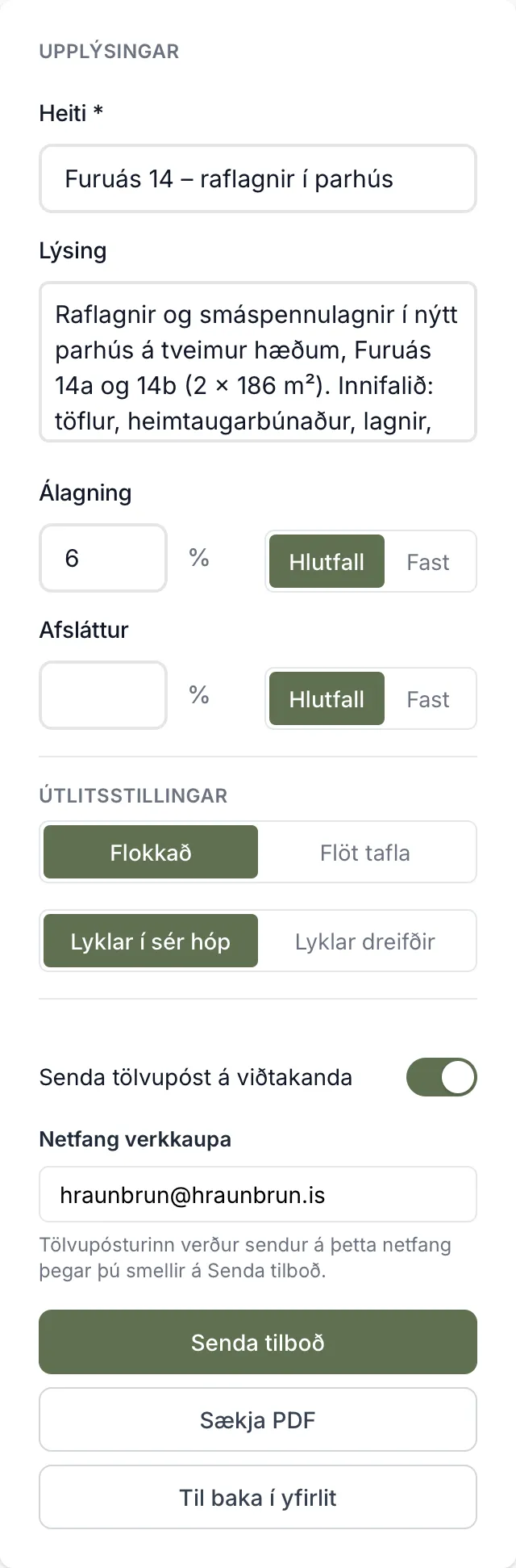 Hliðarstikan á tilboði í drögum, hér með 6% álagningu.