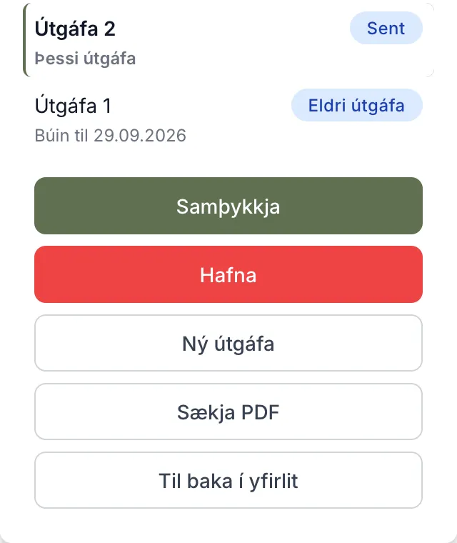Útgáfur í hliðarstiku sends tilboðs. Útgáfa 1 er orðin eldri útgáfa.