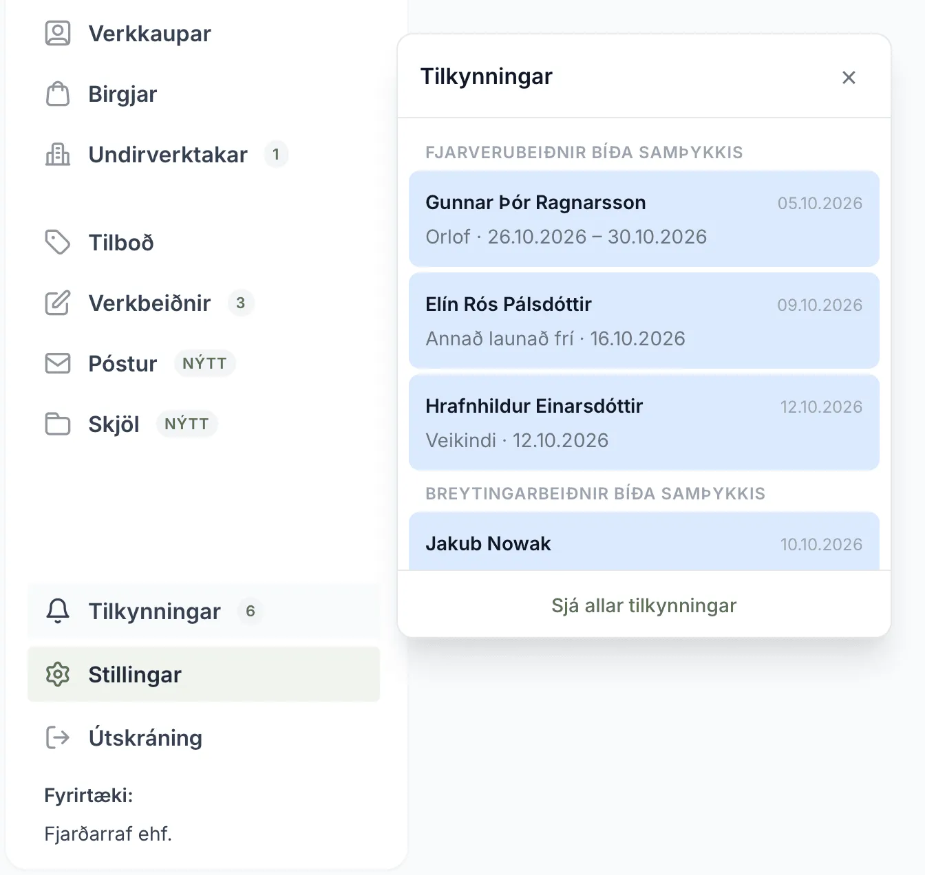 Tilkynningar opnaðar. Beiðnirnar sem bíða samþykkis eru efst.