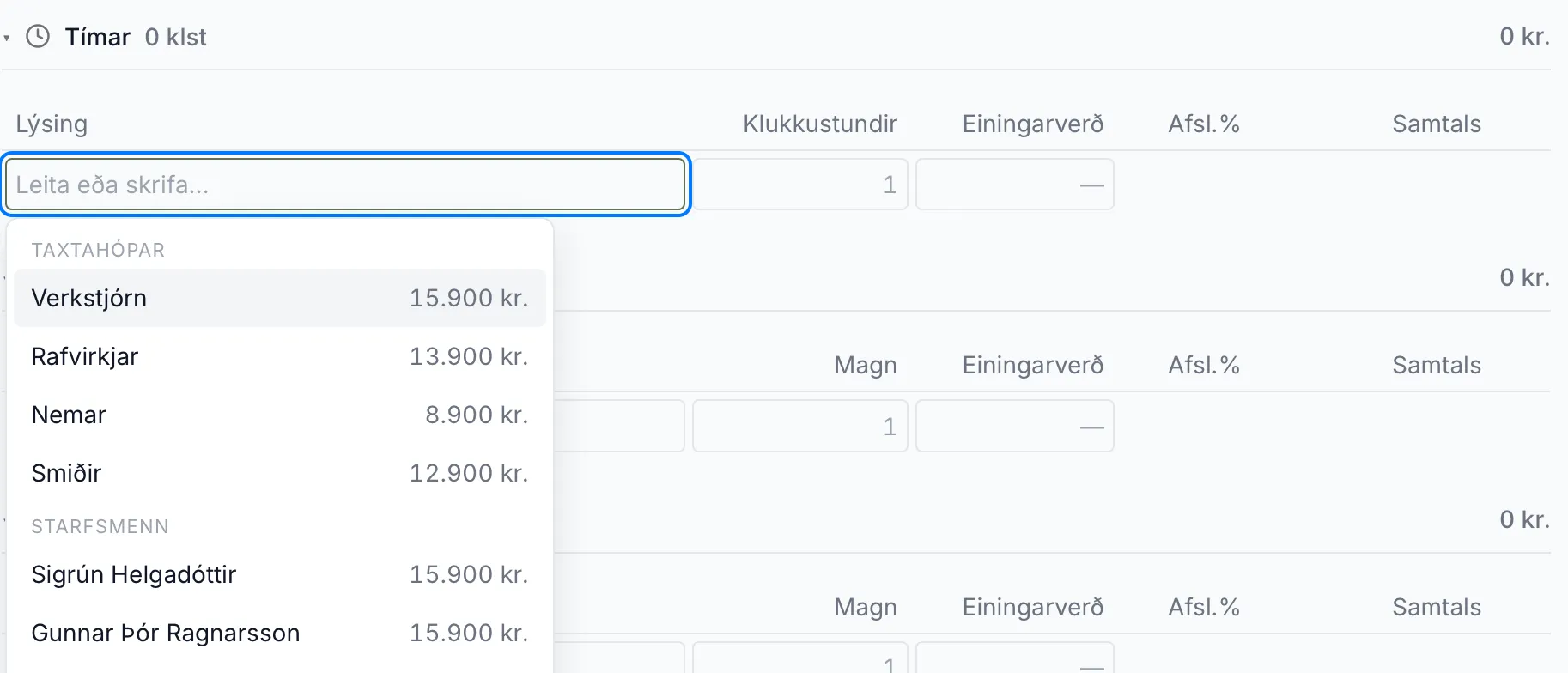 Tillögur í Tímum: taxtahópar efst og starfsmenn fyrir neðan, hver með sínum taxta.