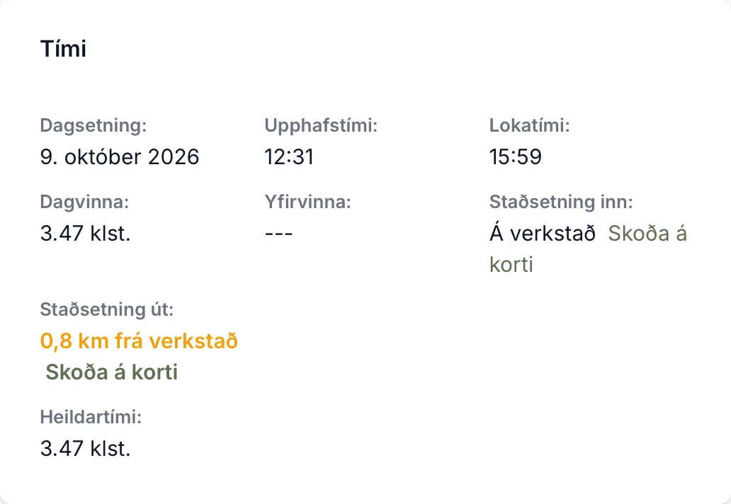 Staðsetning inn og út á spjaldinu Tími