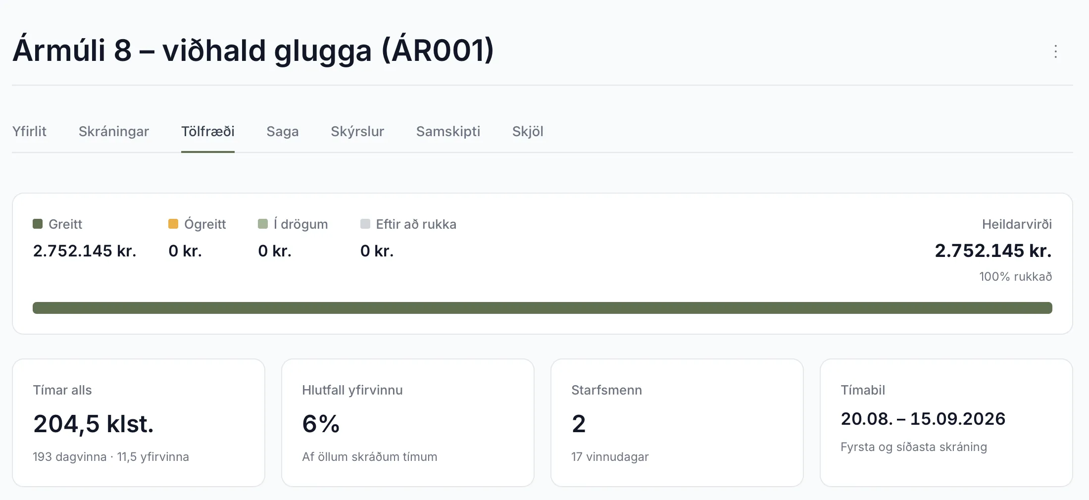 Tölfræði á verki án tilboðs. Efst er rukkunarstaðan, hér skipt í Greitt og Ógreitt.