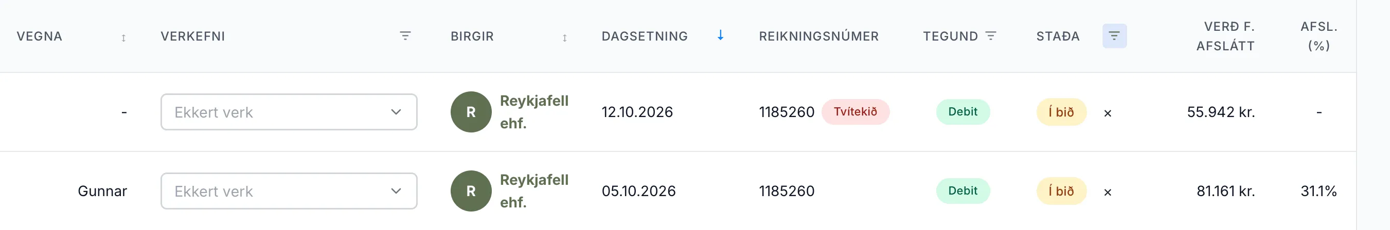 Seinni reikningurinn með númerinu 1185260 frá Reykjafelli fær merkið Tvítekið.