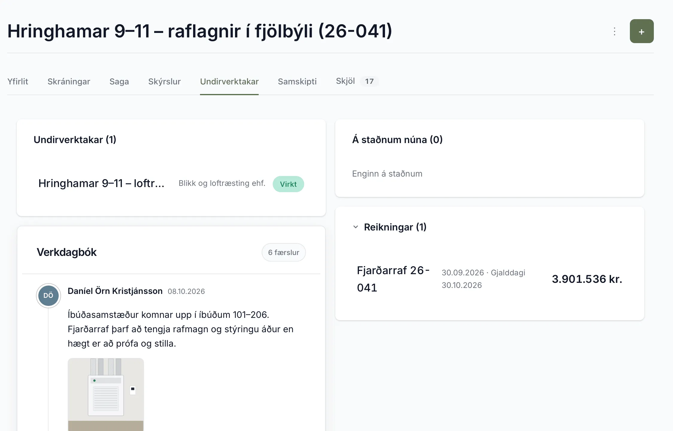 Flipinn Undirverktakar á verkefni 26-041: aðkeypta verkið, dagbók undirverktakans og reikningurinn frá honum.