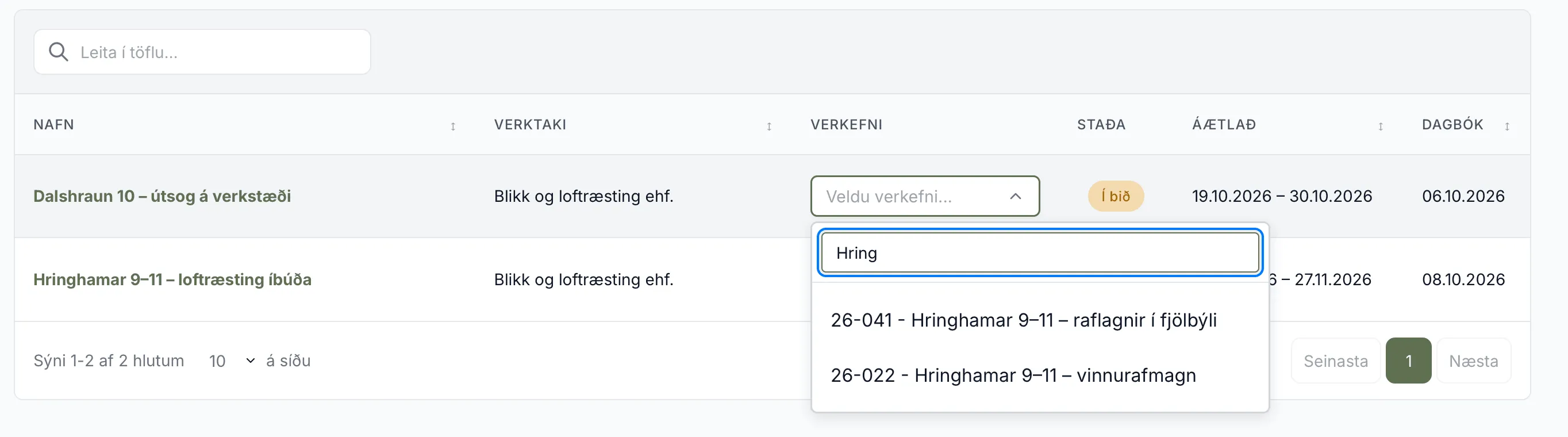 Fellilistinn Veldu verkefni... opinn við verk sem er ekki tengt, með leit að Hring.