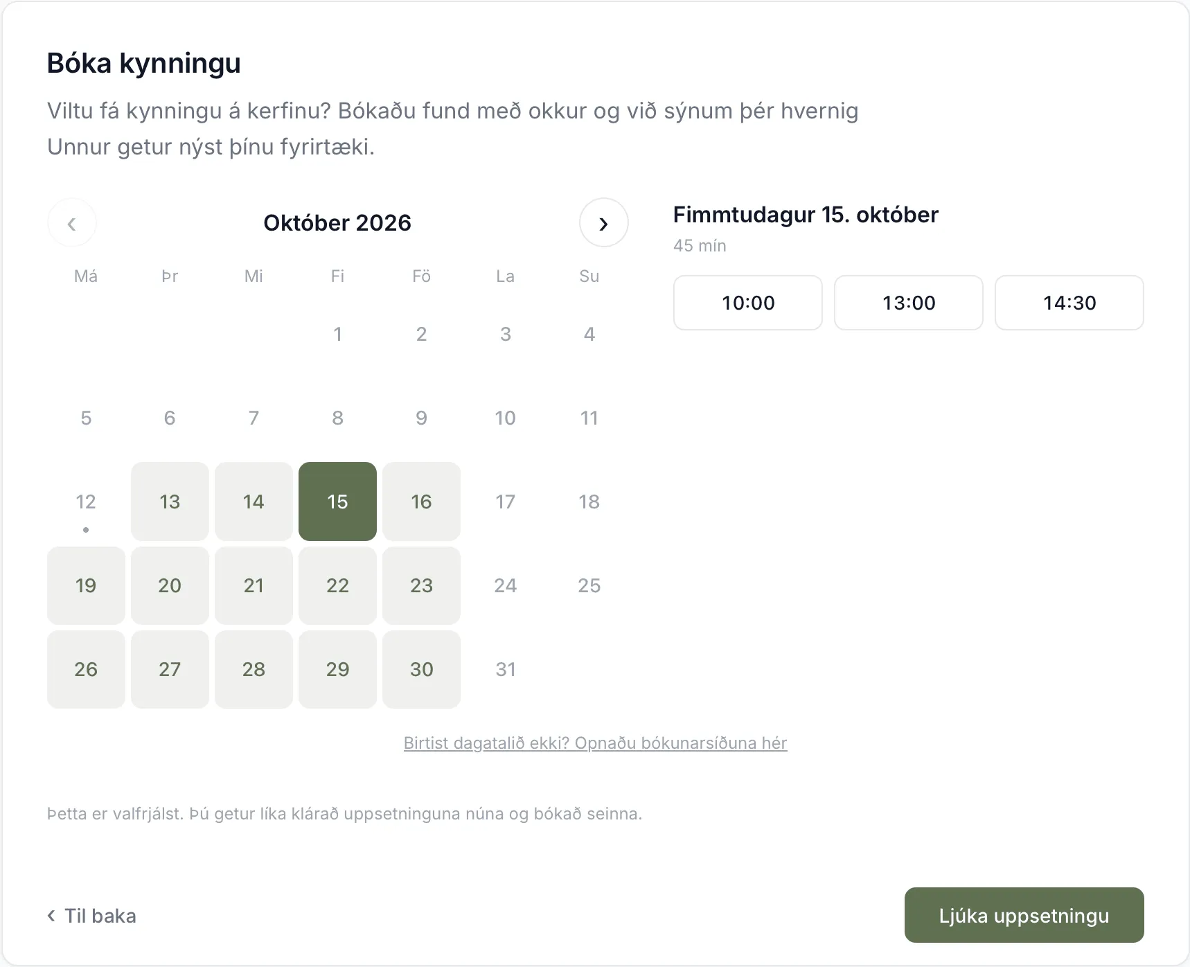 Síðasta skrefið. Dagur valinn og lausir tímar birtast til hægri.