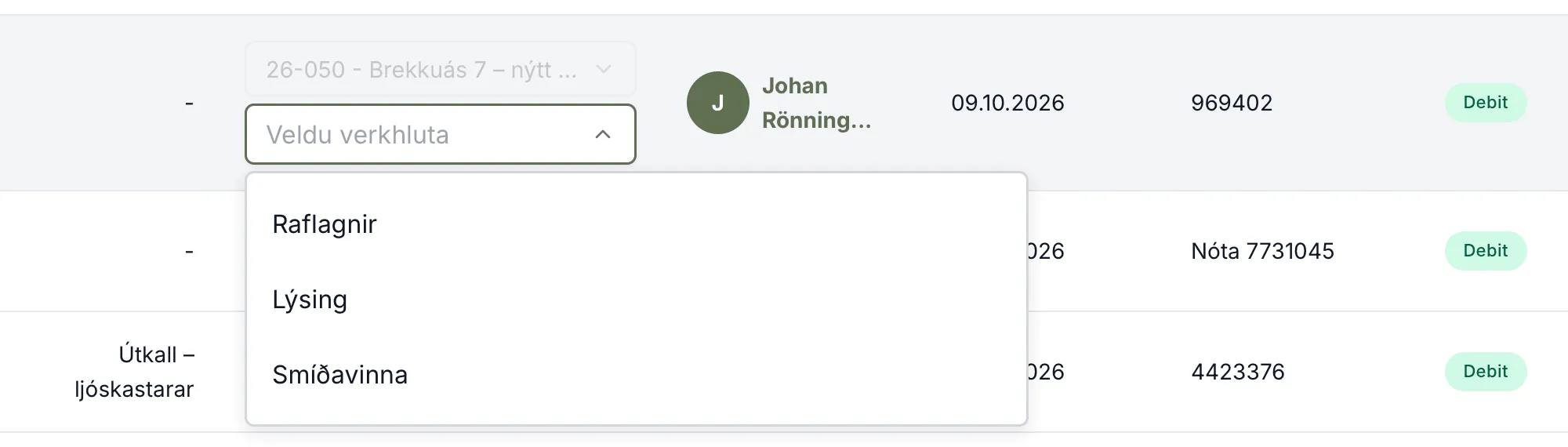 Verkefnið 26-050 er valið og Unnur biður um verkhluta.