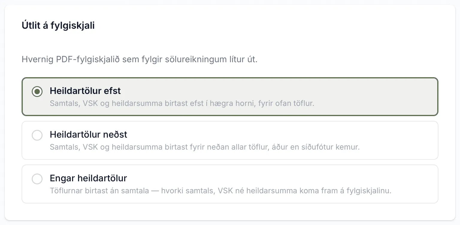 Útlit á fylgiskjali í stillingum sölureikninga.