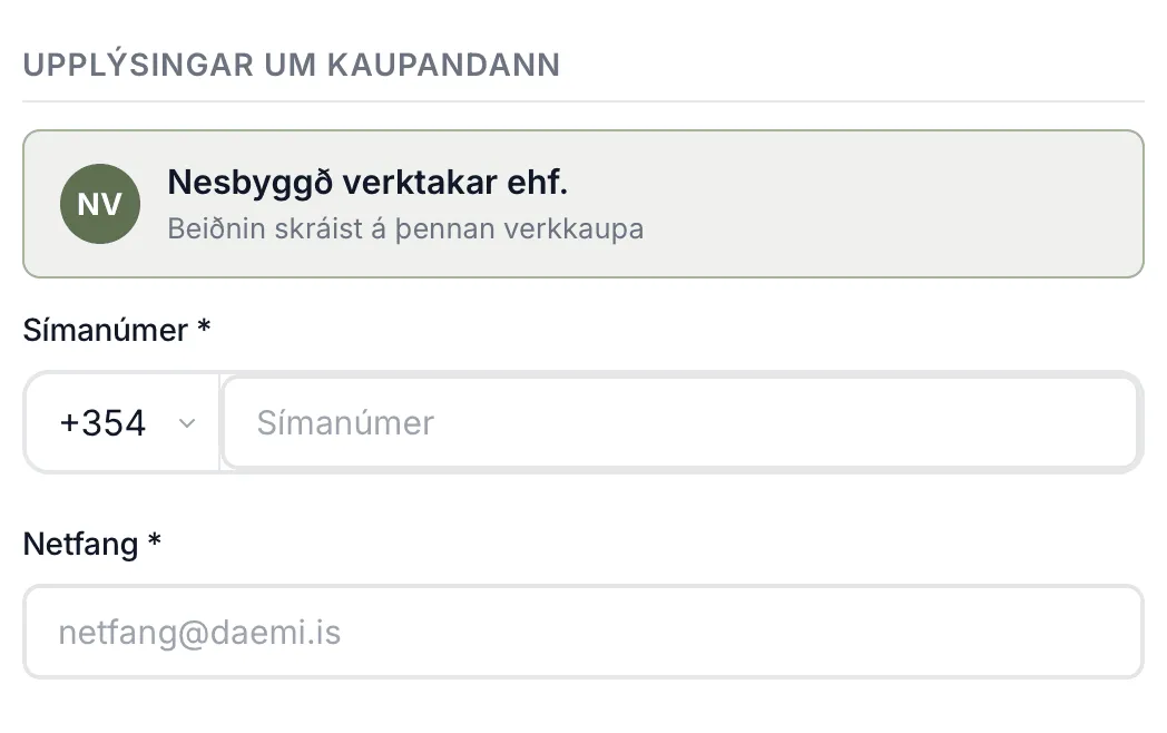 Á hlekk verkkaupa er verkkaupinn þegar skráður
