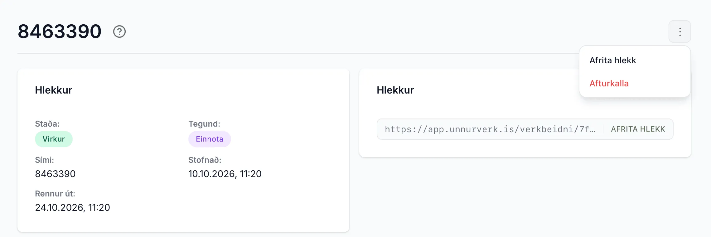 Einnota hlekkur sem var sendur með SMS, með valmyndinni opna