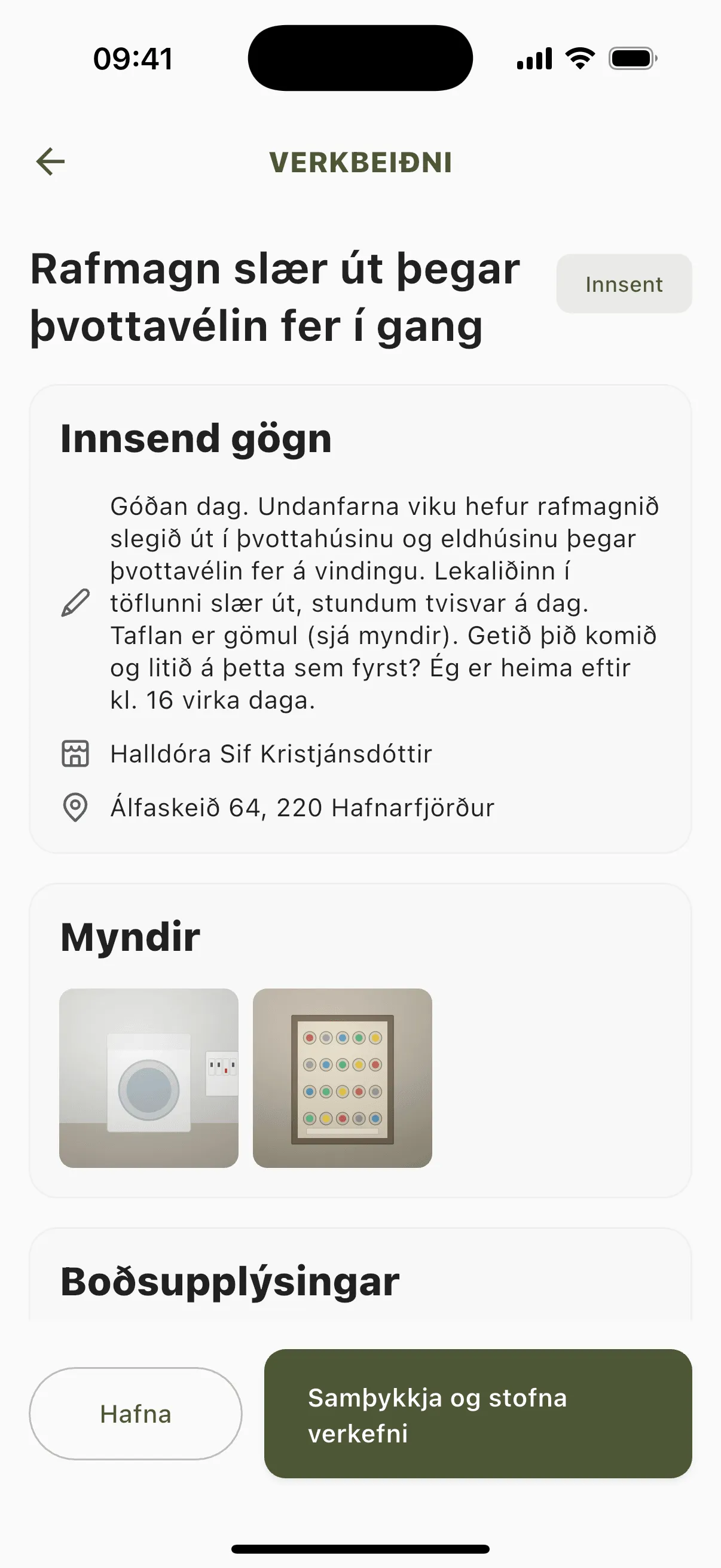 Verkbeiðni opin í appinu