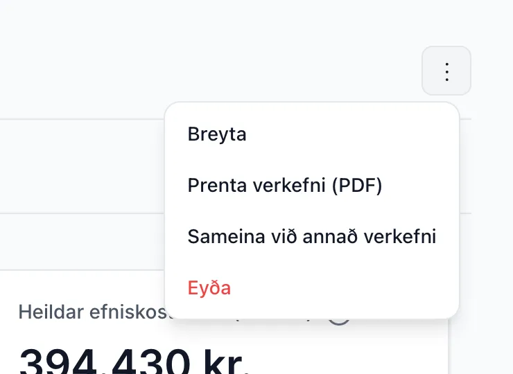 Þriggja punkta valmynd verkefnasíðunnar.