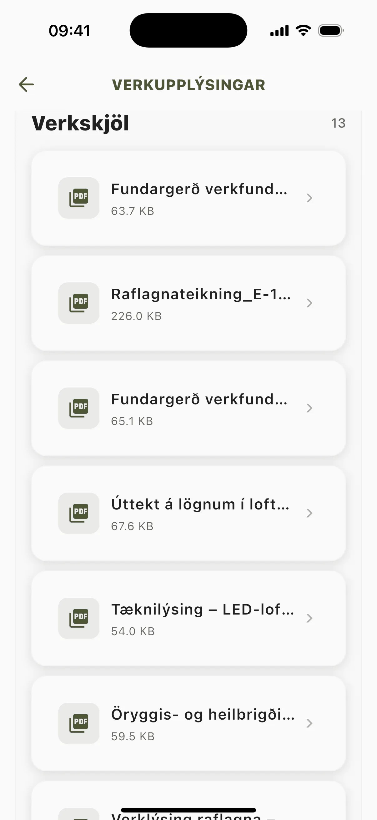 Verkskjöl á verkefni í appinu.