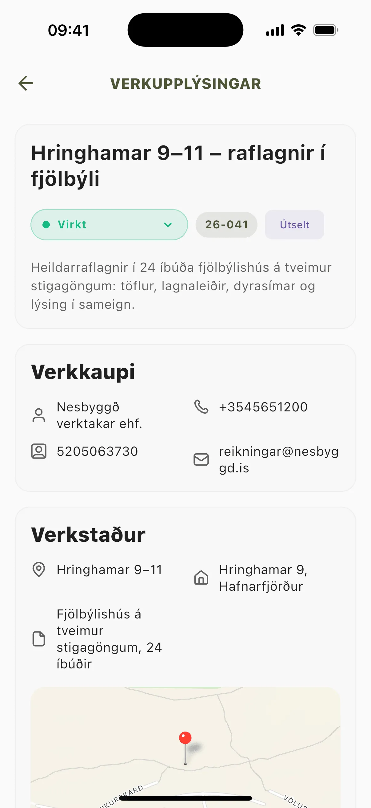 Efst á Verkupplýsingum: staða, verknúmer, verktýpa, verkkaupi og verkstaður.