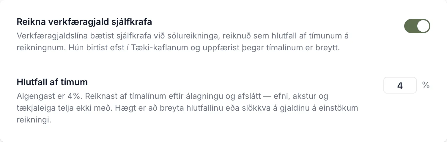 Verkfæragjaldið kveikt með 4% af tímum.