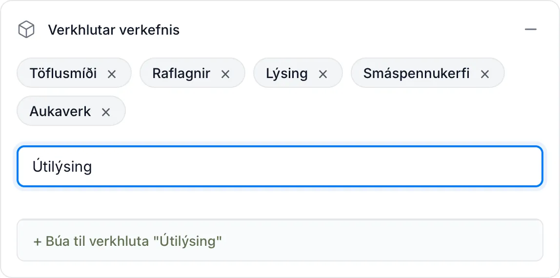 Fimm verkhlutar á verkinu. Heitið Útilýsing er ekki til, svo Unnur býðst til að búa það til.