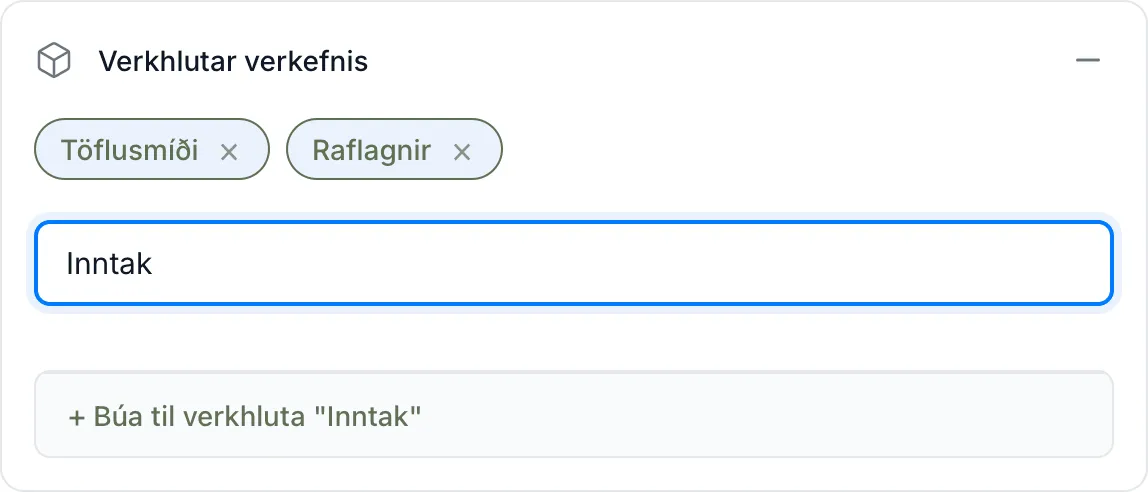 Tveir verkhlutar valdir. Heitið í leitinni er ekki til, svo Unnur býðst til að búa hann til.