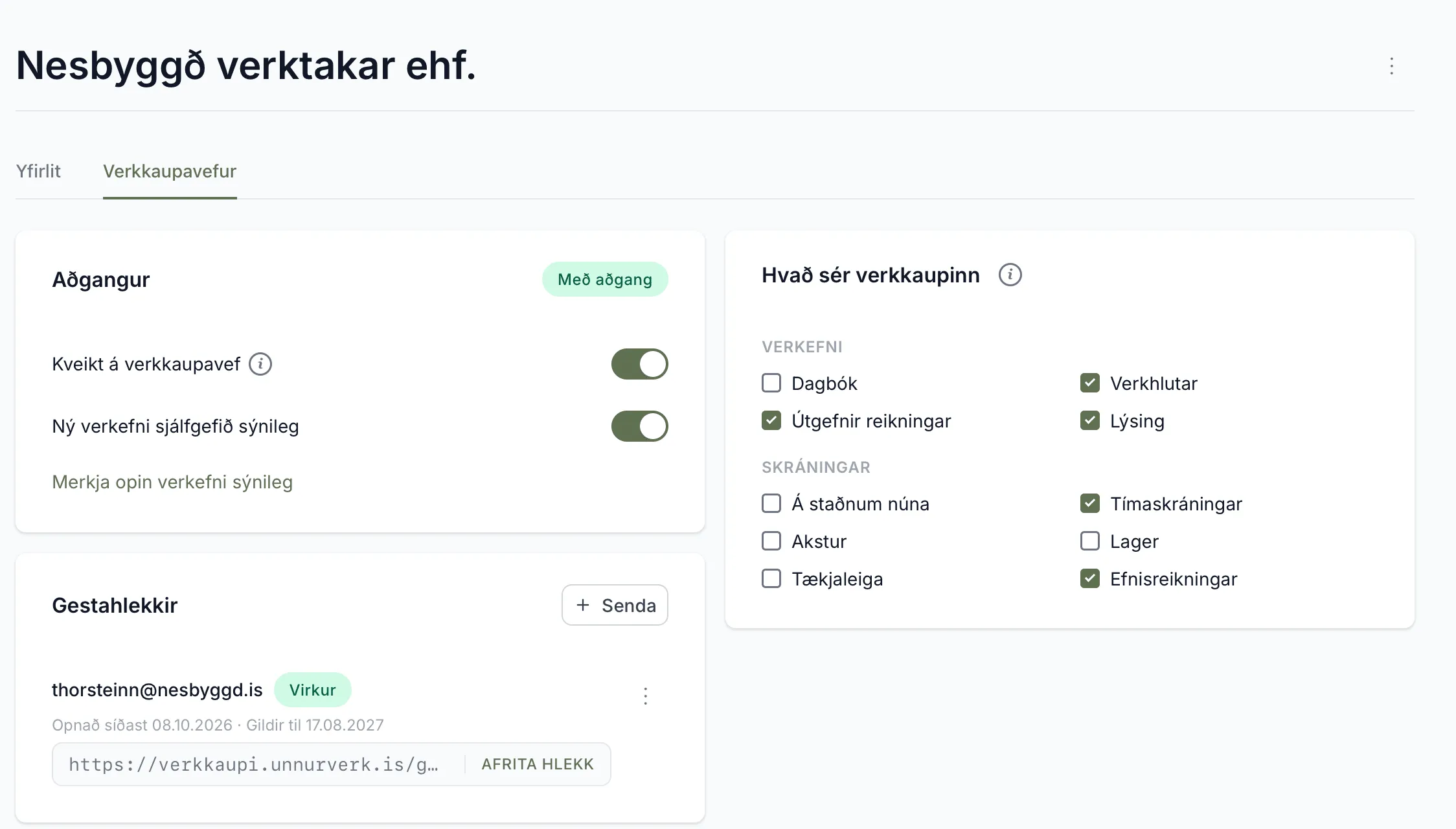 Flipinn Verkkaupavefur hjá Nesbyggð. Verkkaupinn sér verkhluta, lýsingu, útgefna reikninga, tímaskráningar og efnisreikninga.