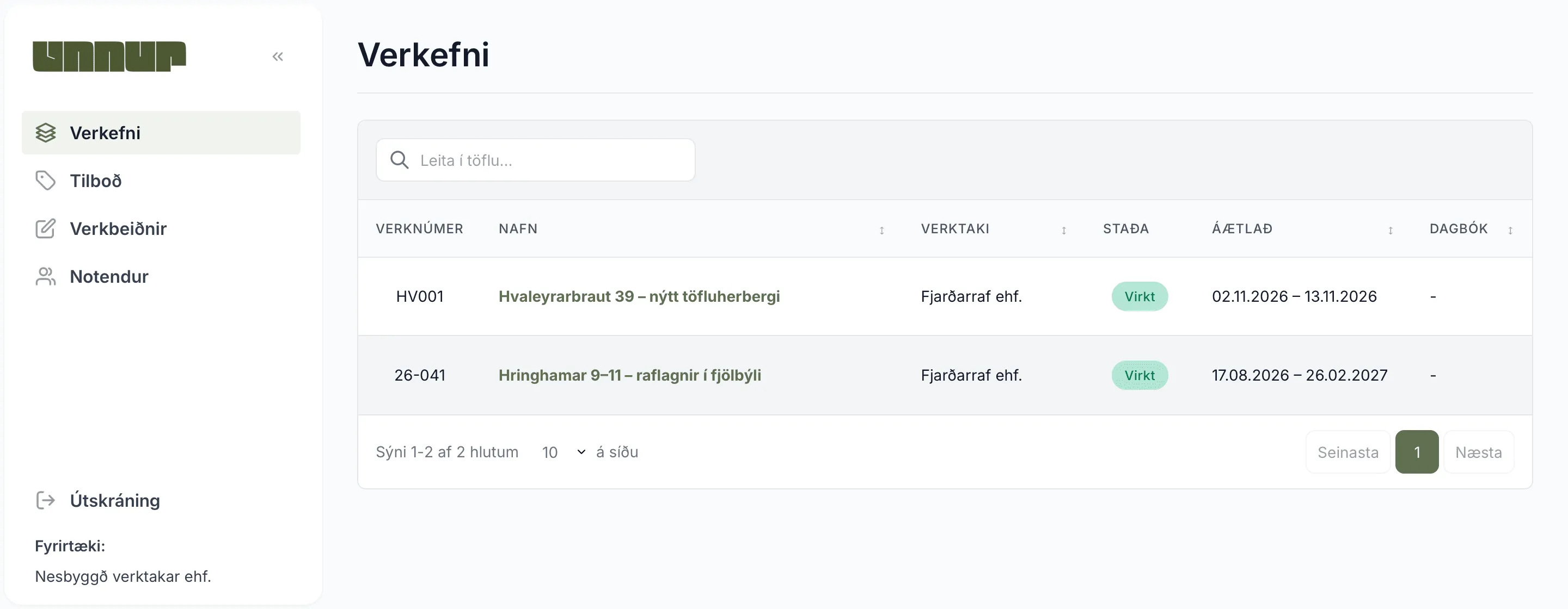 Verkkaupavefurinn eins og Nesbyggð sér hann, með tvö verkefni frá Fjarðarrafi.