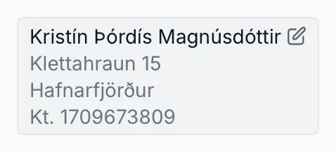Verkkaupinn efst á drögum að sölureikningi. Smelltu á hann til að breyta eða skipta.