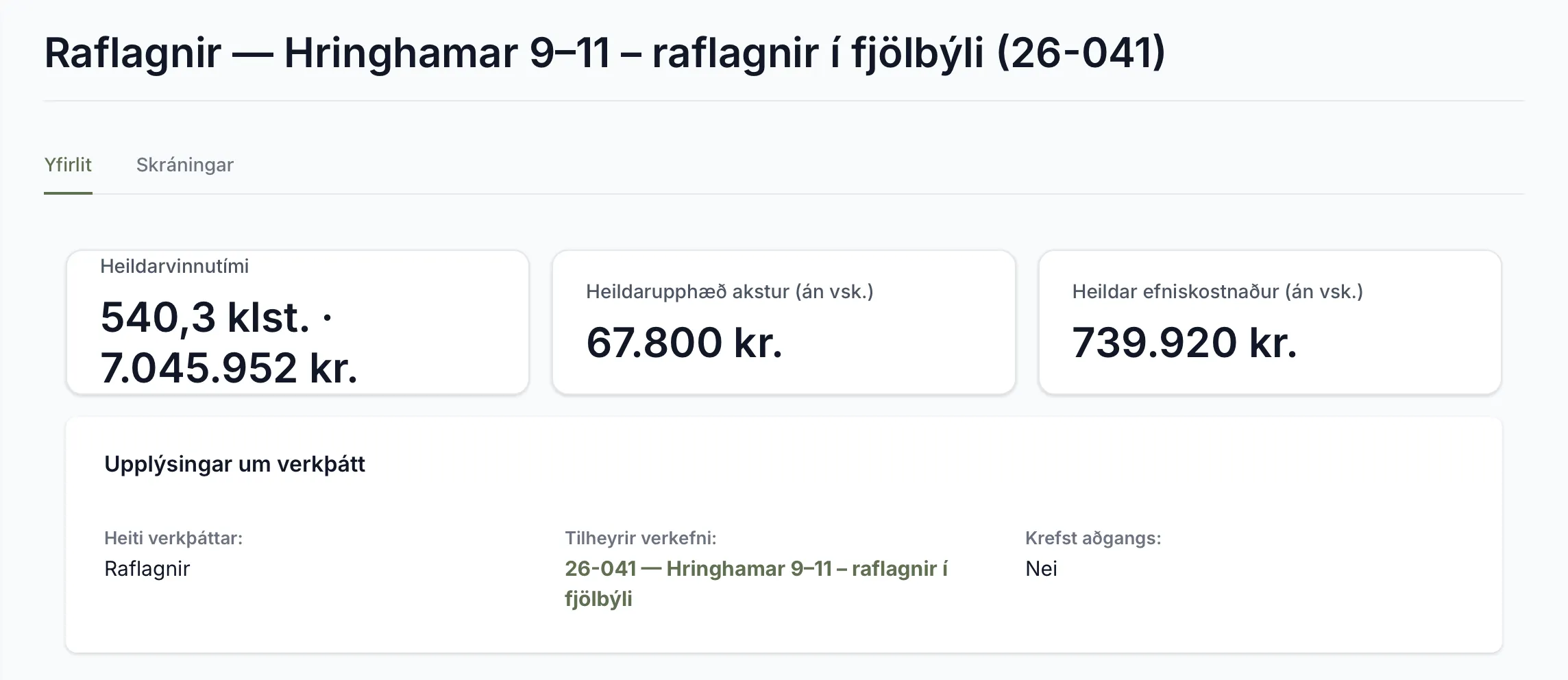 Síða verkþáttarins Raflagnir.