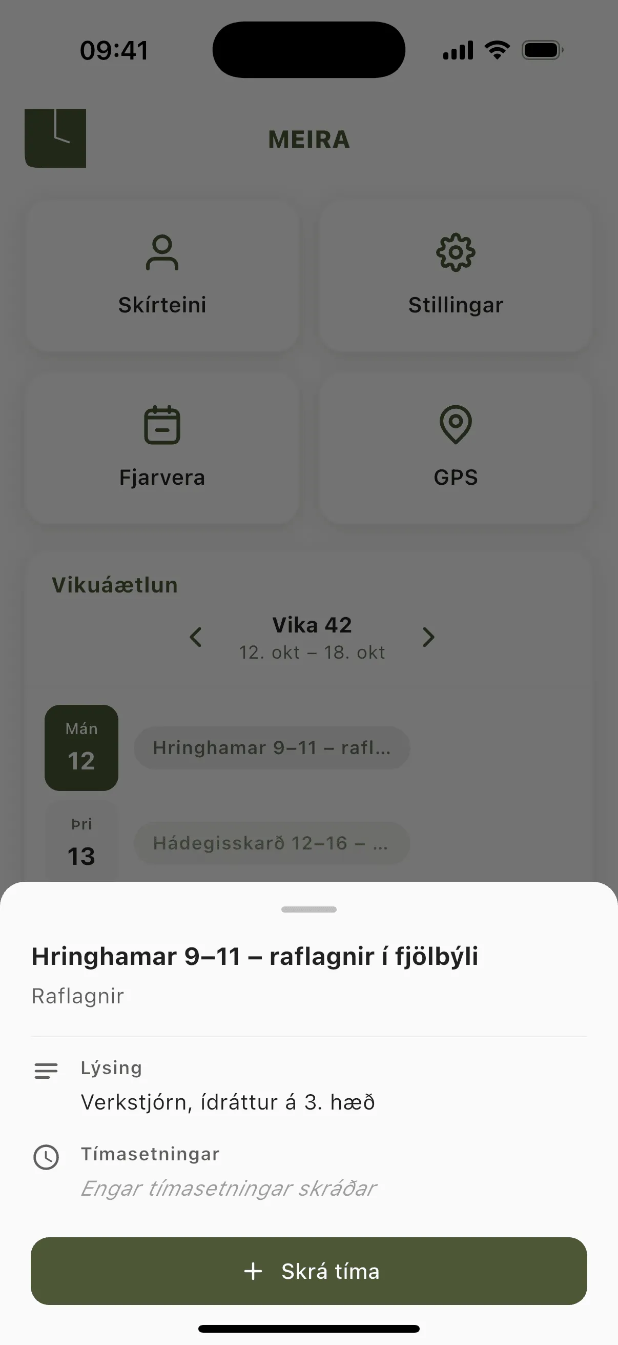Úthlutun opnuð í appinu, með Skrá tíma